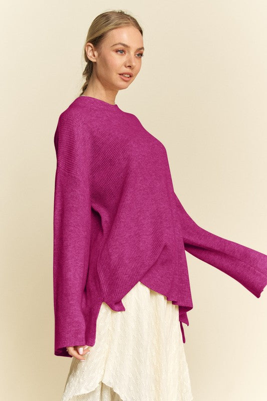 Davi & Dani Deep Purple High-Low Round Neck Drop Shoulder Sweater