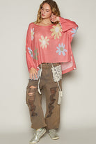 POL Burnt Coral Flower Dropped Shoulder Long Sleeve Knit Top Shirts & Tops