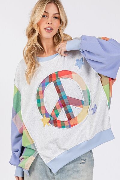 SAGE + FIG Blue Purple Contrast Peace Patch Dropped Shoulder Sweatshirt Blue Purple