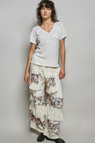 POL Off White Lace Detail V-Neck Short Sleeve Textured T-Shirt