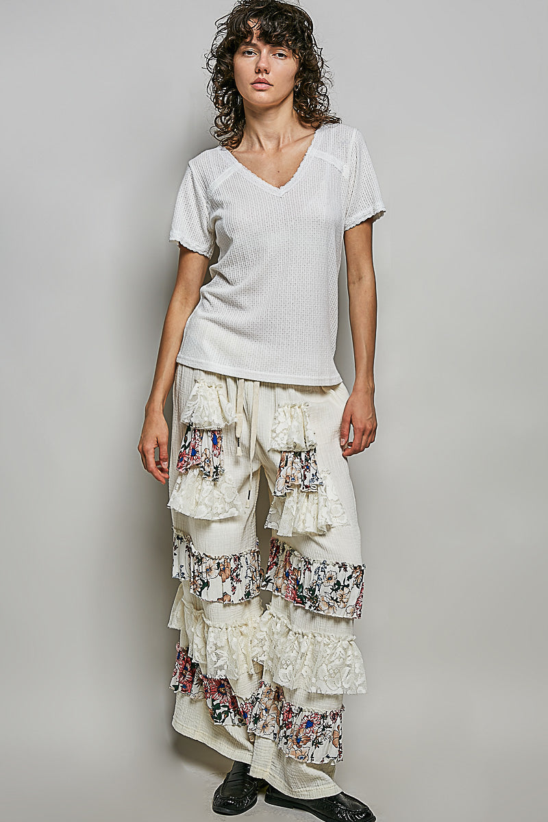 POL Off White Lace Detail V-Neck Short Sleeve Textured T-Shirt