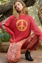 POL Cherry Washed Peace Patch Cable Knit Sweater Trendsi