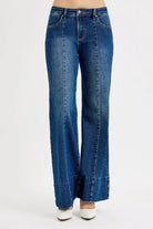 RISEN Dark Washed Tummy Control Mid Rise Seam Detail Wide Flare Jeans