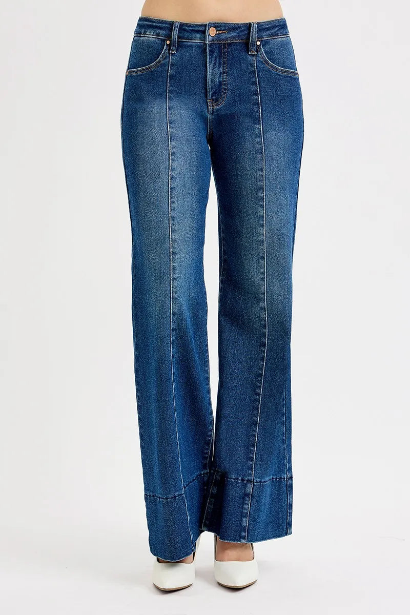RISEN Dark Washed Tummy Control Mid Rise Seam Detail Wide Flare Jeans