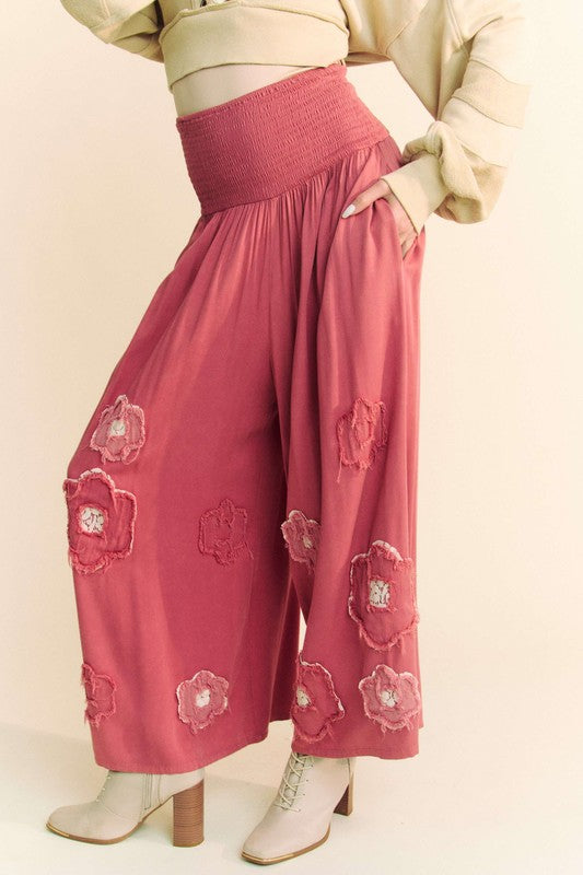 Davi & Dani Strawberry Smocked Waist Flower Patch Wide Leg Pants Strawberry Pants