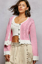 POL Baby Pink Button Down Cable-Knit Cardigan with Contrast Border Accents