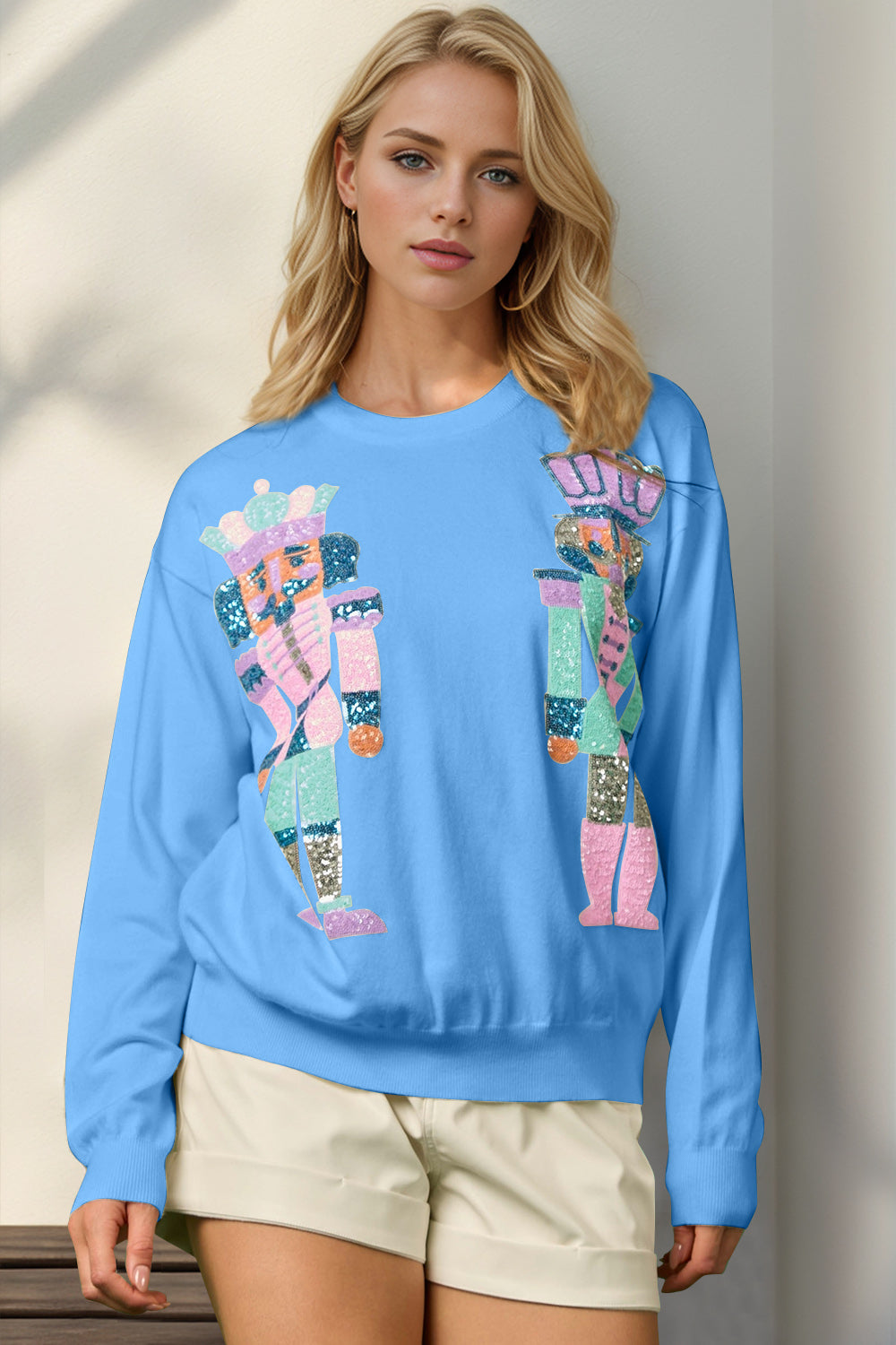 Preorder: Double Take Sequin Nutcracker Long Sleeve Sweater Sky Blue Trendsi