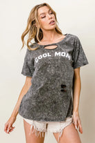 BiBi Black Charcoal Washed Laser Cut Detail Cool Mom Print Top