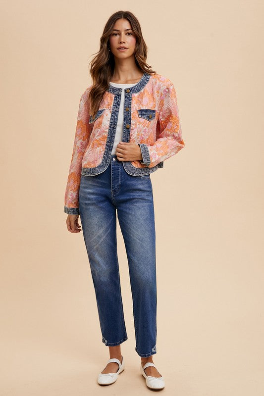 Annie Wear Coral Floral Jacquard Denim Contrast Button Down Jacket