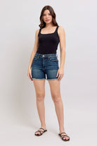 Judy Blue Dark Washed Tummy Control Fray Hem & Shield Back Pockets Denim Shorts