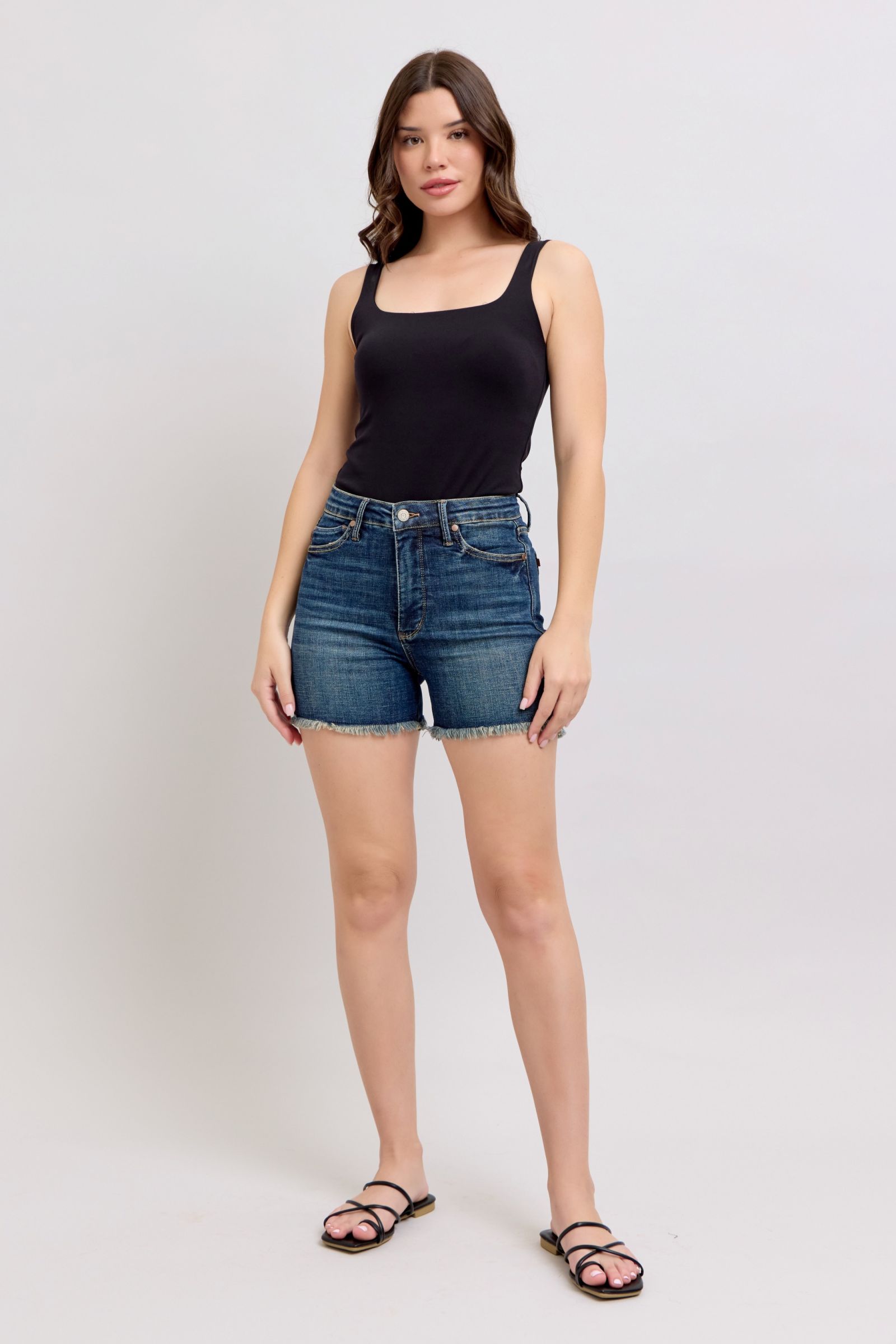 Judy Blue Dark Washed Tummy Control Fray Hem & Shield Back Pockets Denim Shorts