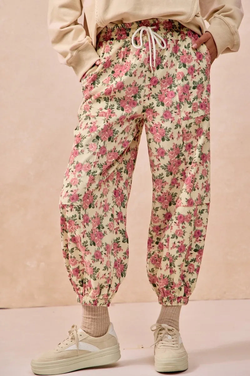 BiBi Cream & Pink Floral Printed Twill Drawstring Pants With Elastic Band