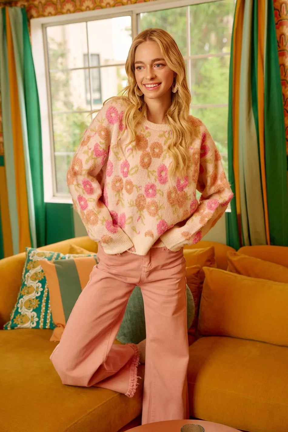 BiBi Ivory Towel Texture Floral Pattern Vintage Sweater IVORY