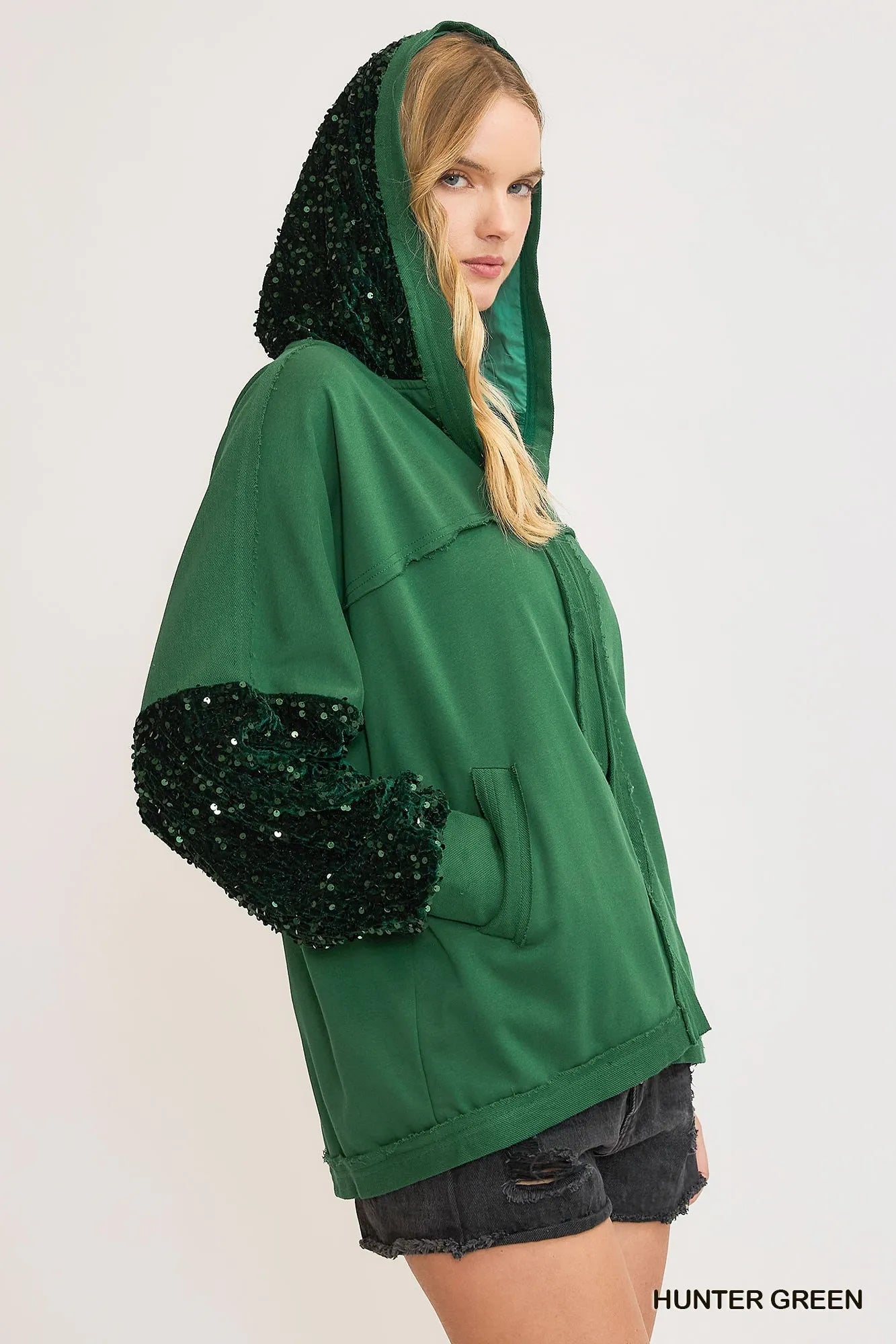 Umgee Hunter Green Sequined French Terry Hooded Jacket
