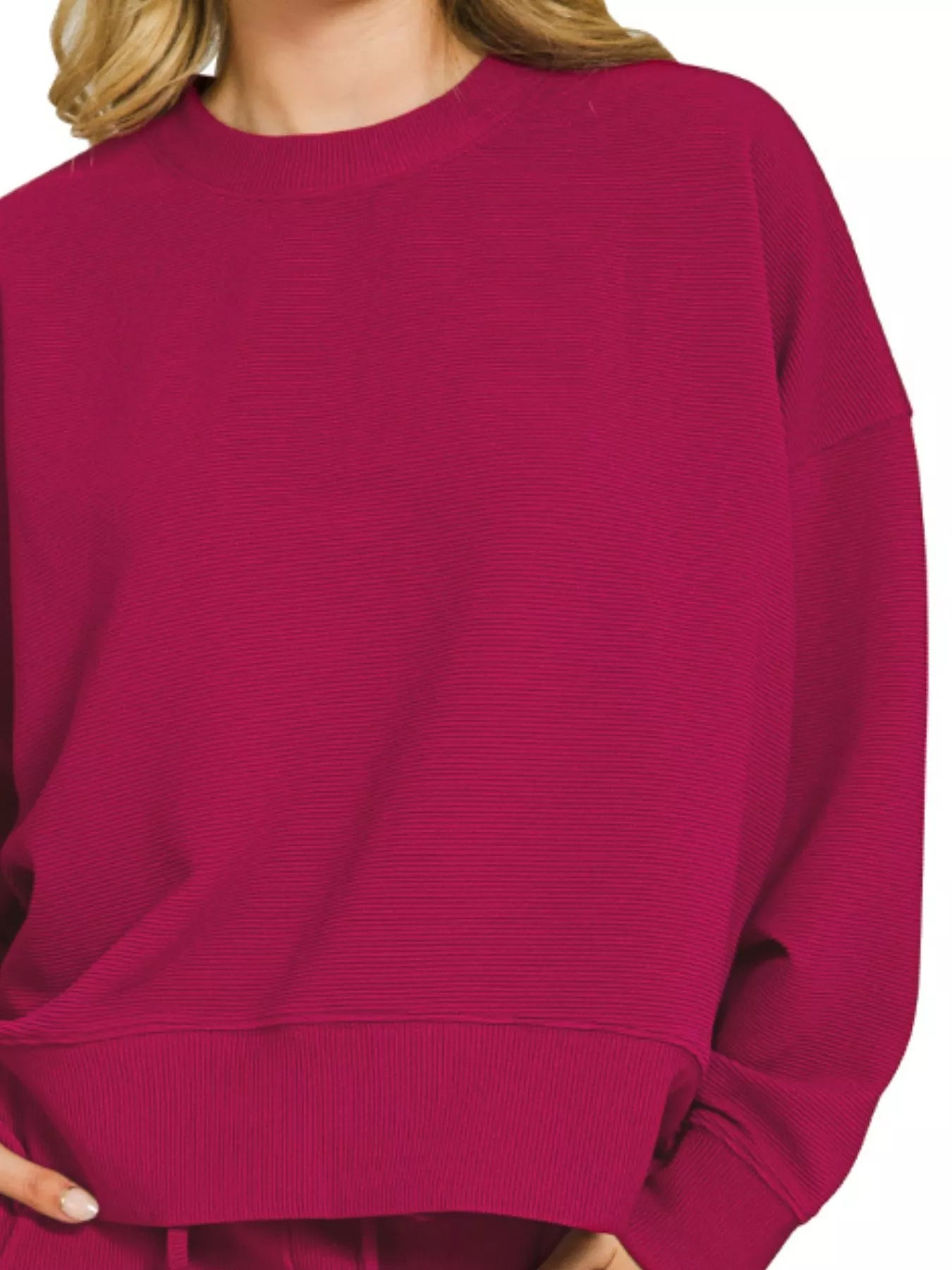 Zenana Cabernet Ribbed Round Neck Pullover and Shorts Set