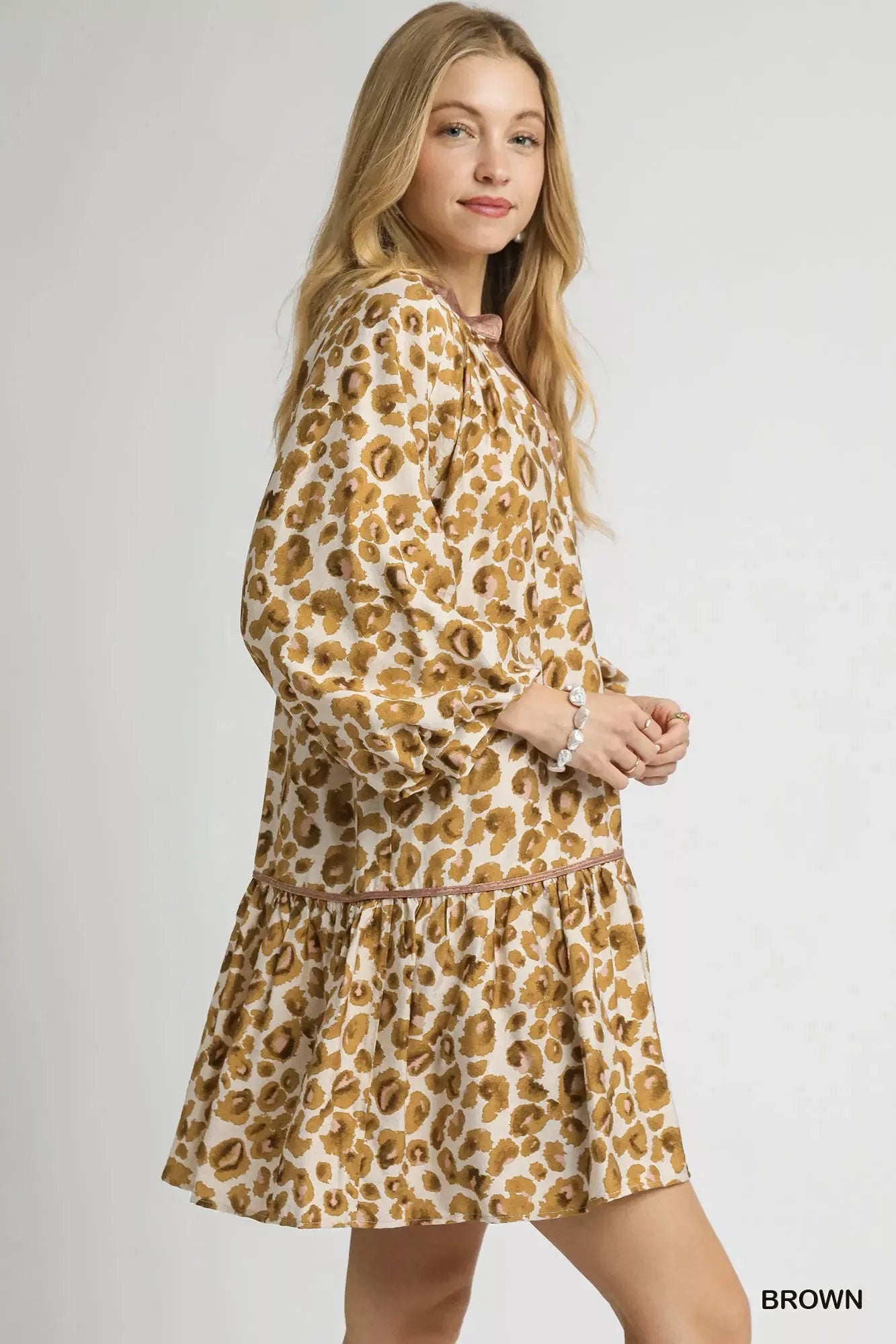 Umgee Brown Leopard Print Tiered Mini Dress