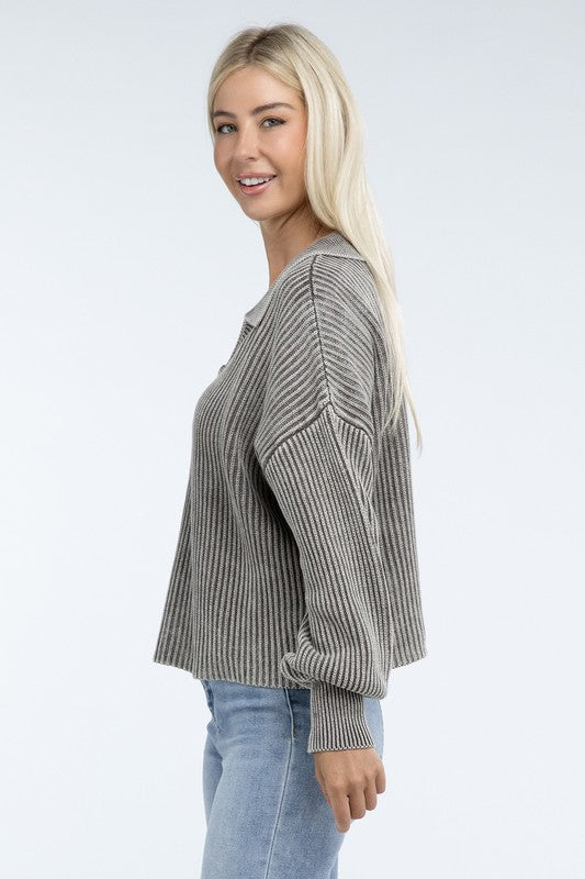 Zenana Washed Collared Henley Sweater in 6 Colors! ZENANA