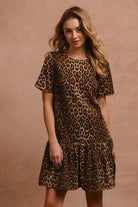 BiBi Tie Back Leopard Round Neck Short Sleeve Midi Dress