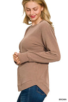 Zenana Brown Raised Rib Round Neck Long Sleeve Top
