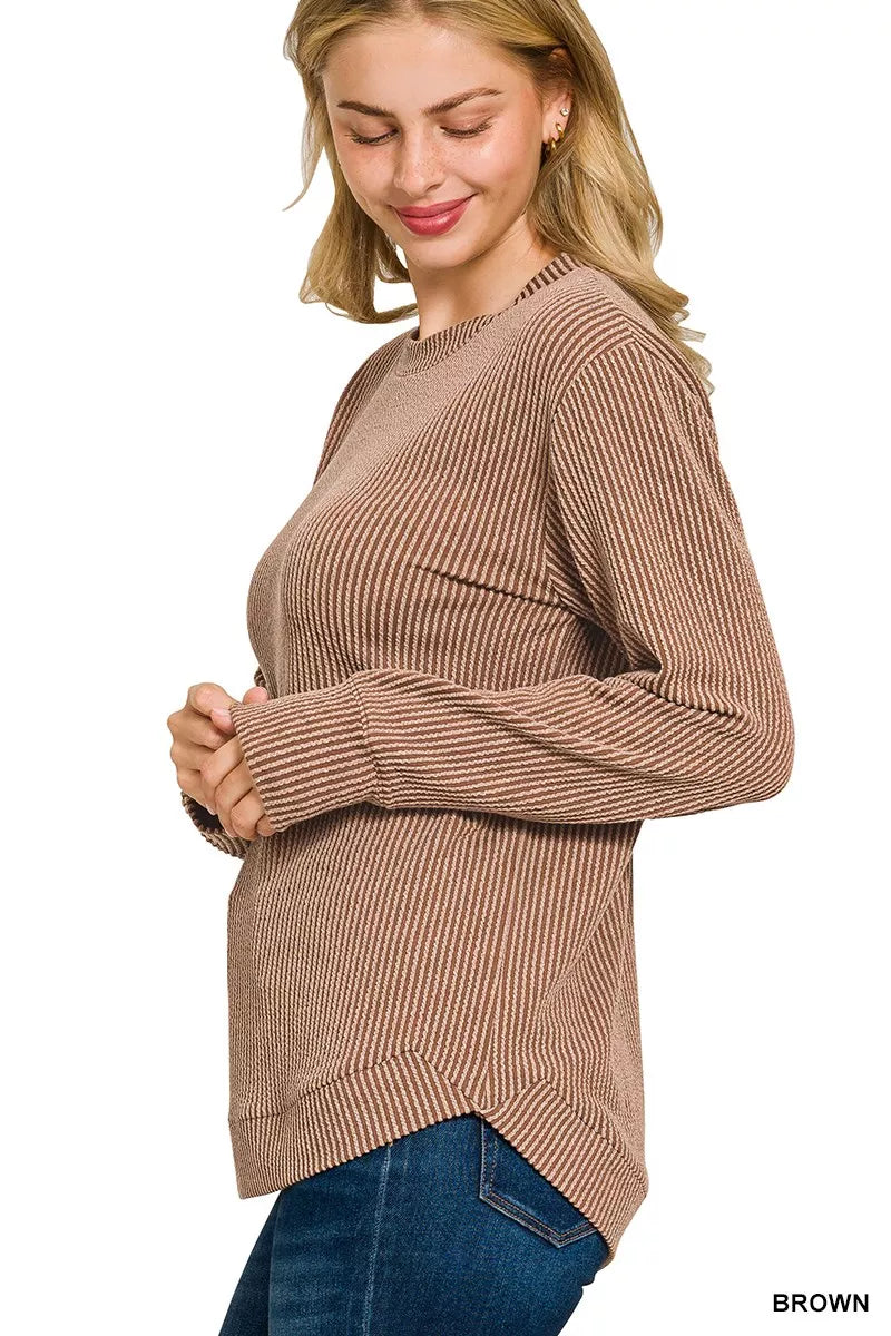 Zenana Brown Raised Rib Round Neck Long Sleeve Top