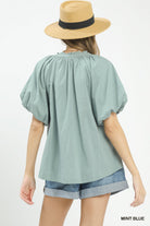 Umgee Mint Blue Lace Inset Puff Sleeve Boho Blouse