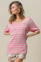 BiBi Light Pink/Dark Pink Stripe Short Sleeves Collared V Neck Top