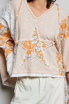 POL Wheat Beige Floral Star Patch Hooded Blouse with Lace Contrast Detail