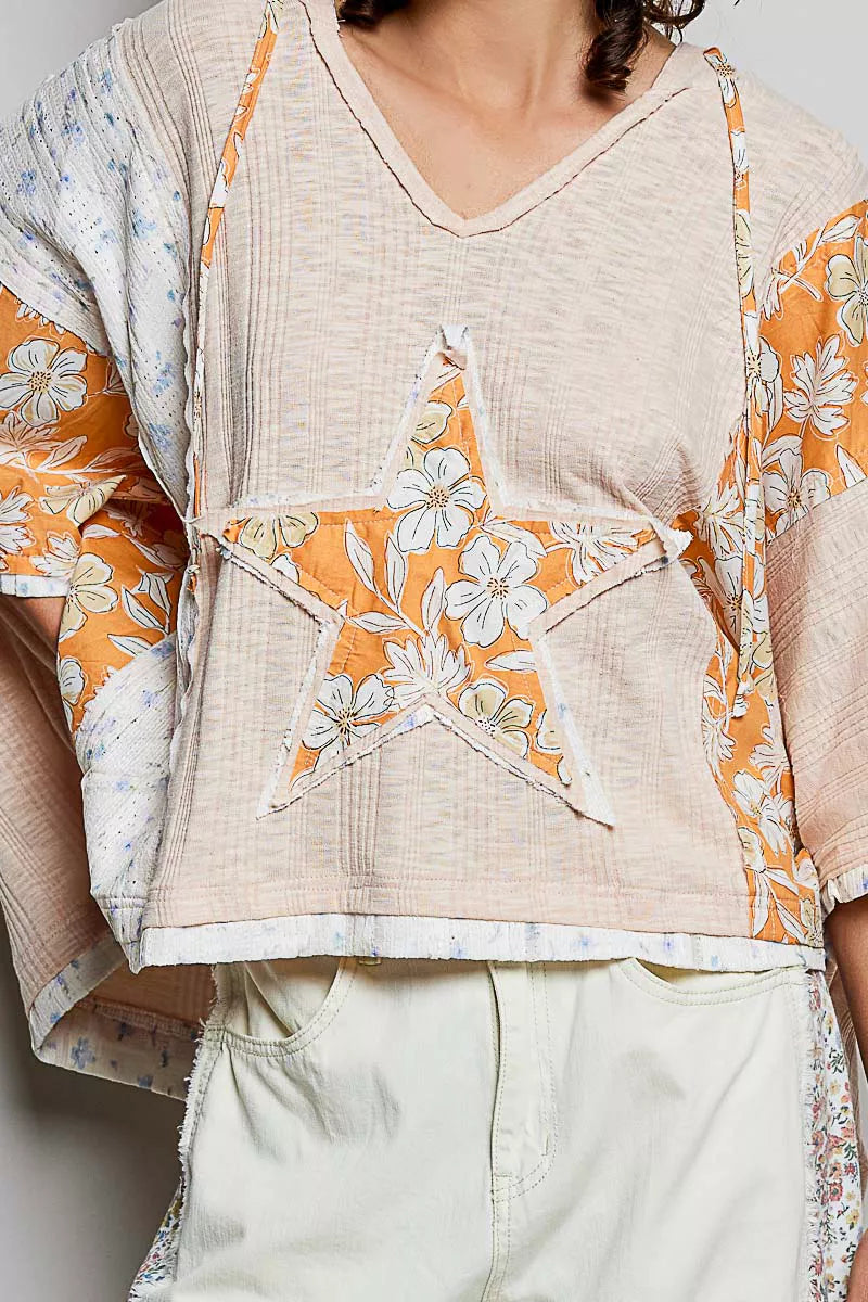 POL Wheat Beige Floral Star Patch Hooded Blouse with Lace Contrast Detail