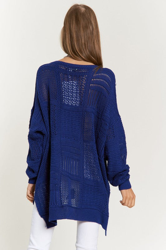 Davi & Dani Navy Openwork Side Slit Drop Shoulder Knit Cover Up Shirts & Tops