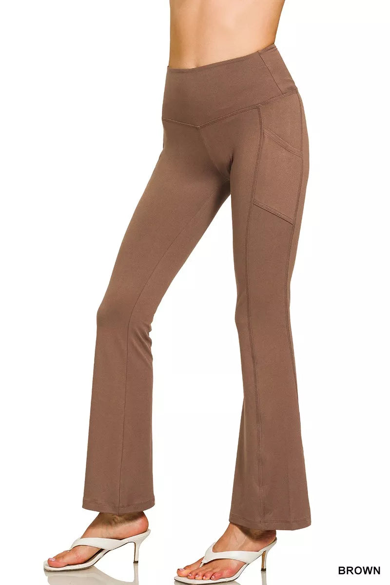 Zenana Brown Brushed Dty Microfiber Flare Pants