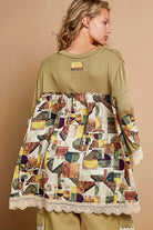 POL Moss Green Bohemian Geometric Print Long Sleeve Top with Lace Trim