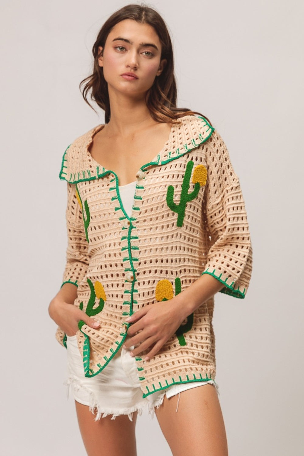 BiBi Edge Stitched Cactus Patch Sweater Cardigan in Oatmeal Trendsi