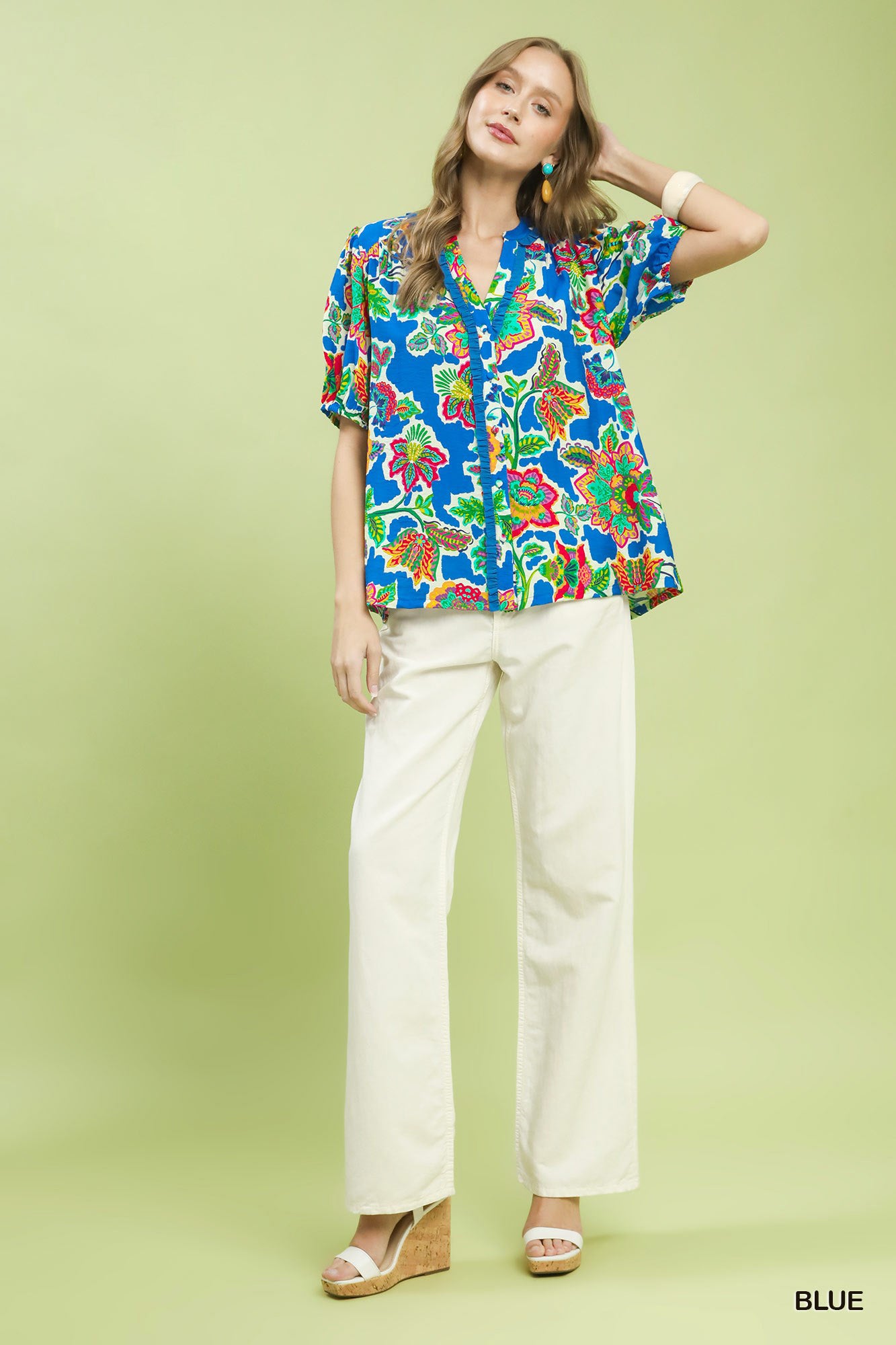 Umgee Blue Floral Contrast-Trim Boho Blouse