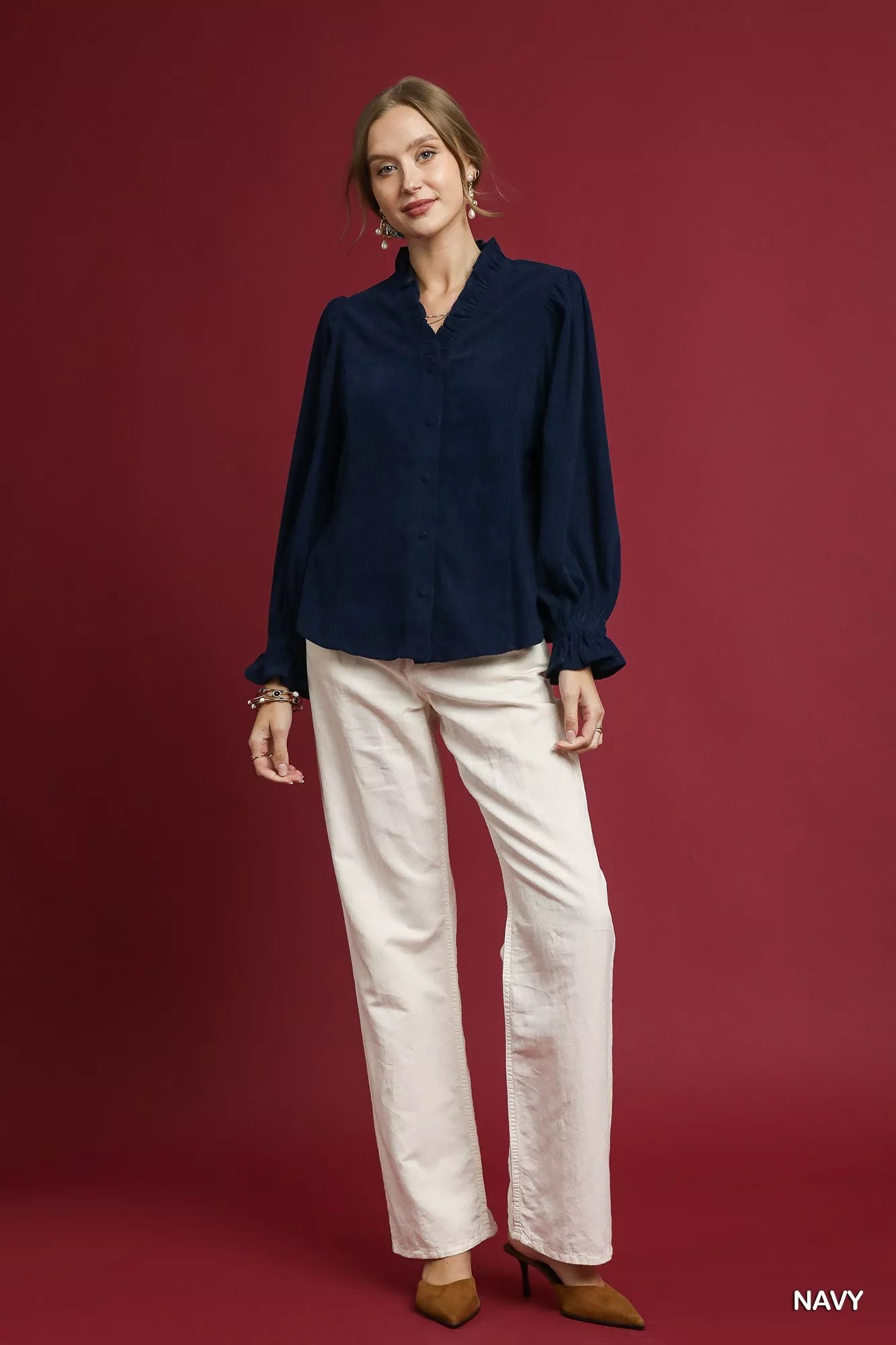 Umgee Navy Corduroy Ruffle Shirt with Long Puff Sleeves