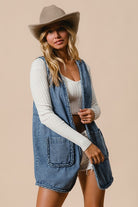 BiBi Braided Trim Open Front Denim Vest with Pockets Coats & Jackets