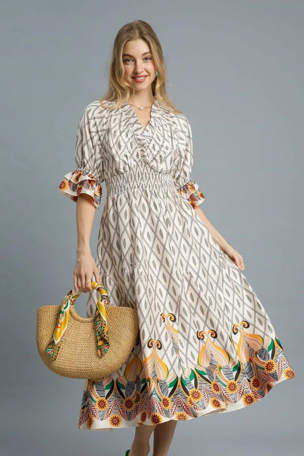 Umgee Boho Printed Smocked Waist Maxi Dress Ivory