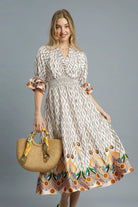 Umgee Boho Printed Smocked Waist Maxi Dress Ivory