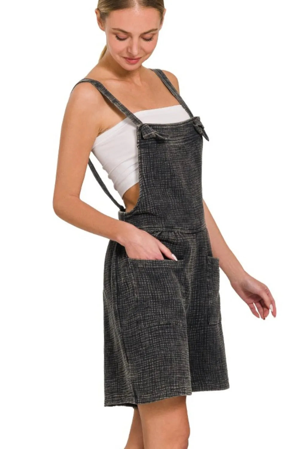 Zenana Ash Black Woven Double Gauze Acid Washed Romper