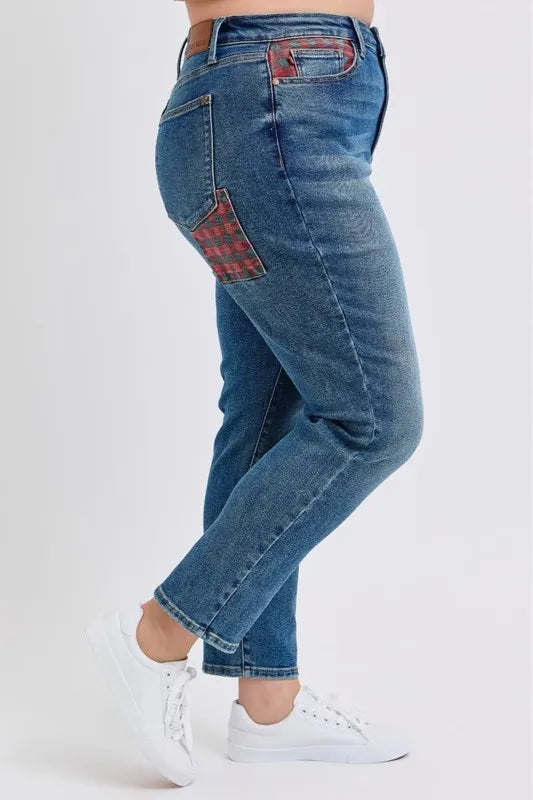 Judy Blue High Waisted Plaid Patch Slim Fit Jeans