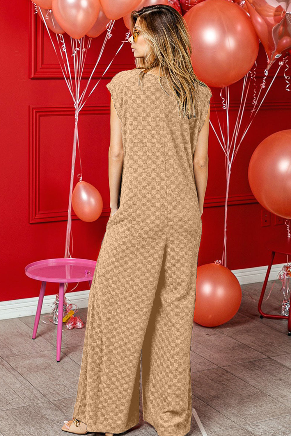 BiBi Taupe Checkered Cap Sleeve Wide Leg Jumpsuit with Pockets Trendsi