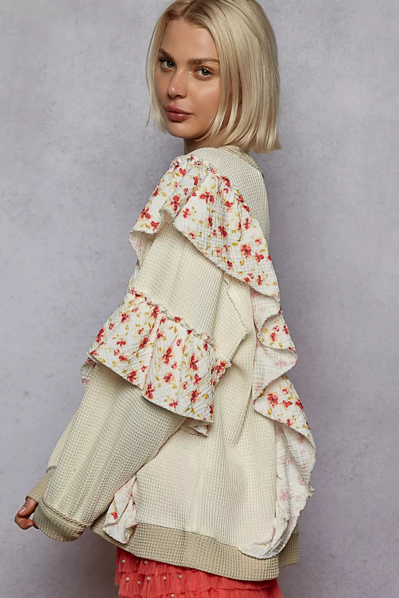 POL Powder Cream Round Neck Sweater with Floral Ruffle Detail