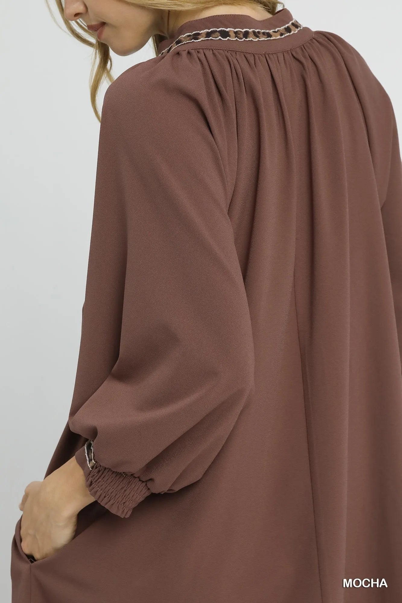 Umgee Mocha V-Neck Shift Dress with Sheer Leopard Trim