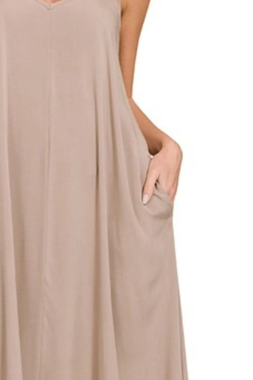 Zenana Light Mocha Woven Arc Hem Cami Dress With Flowy Pockets