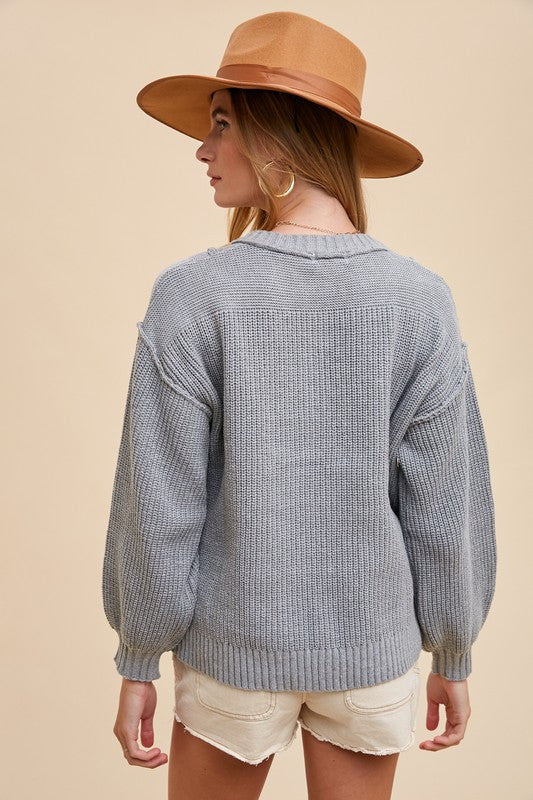 Annie Wear Gray Half Button Ribbed Hem Sweater