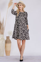 Celeste Black & Leopard Three-Quarter Sleeve Dress with Pockets Trendsi