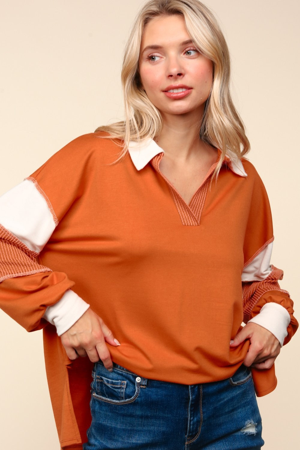 Haptics Rust Color Block Exposed Seam Long Sleeve Top Trendsi