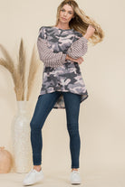 Celeste Camo Print High-Low T-Shirt with Stripe Sleeves