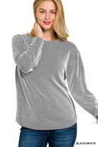 Zenana Black & White Raised Rib Round Neck Long Sleeve Top BLACK WHITE