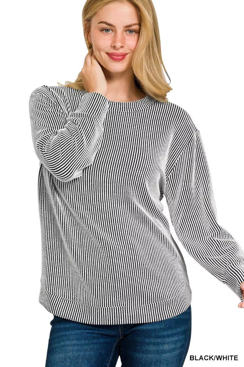 Zenana Black & White Raised Rib Round Neck Long Sleeve Top BLACK WHITE