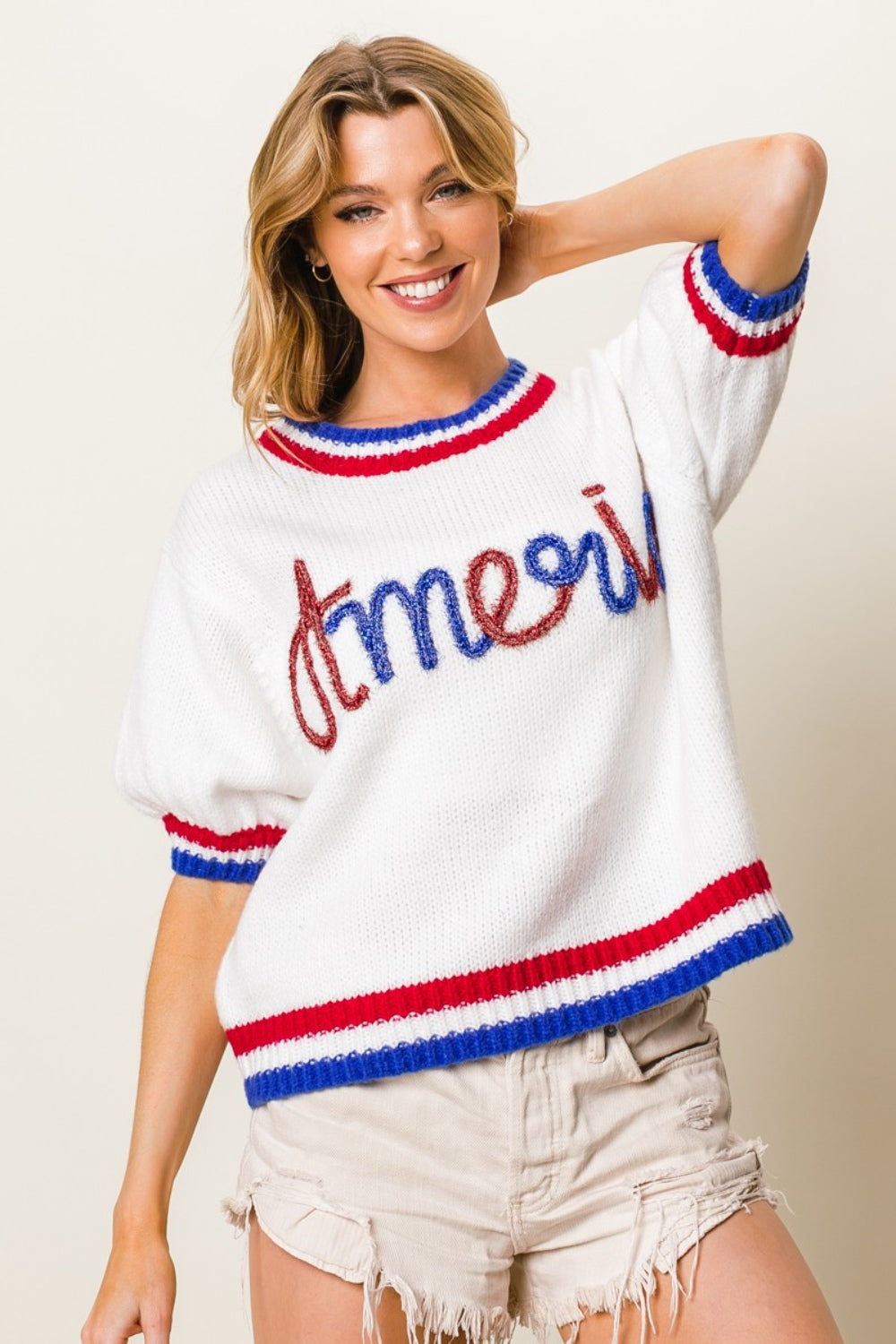BiBi Metallic America Letter Short Sleeve Patriotic Sweater Ivory Trendsi
